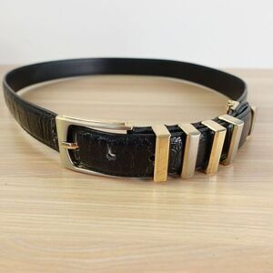 Studded Crocodile Leather Dress Belt 36 Black Embossed Croco MEDIUM Brass Buckle